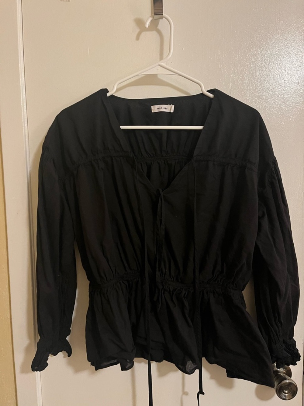 Black Peasant Blouse with Tie Front